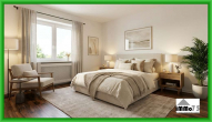einziehen, vermieten oder Urlaubsresidenz: modernisierte 2-Zimmer-Wohnung mit Blick ins Grüne - KI eingerichtetes Schlafzimmer